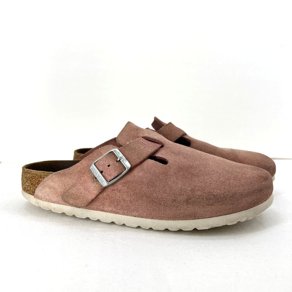 Birkenstock Pink Suede Boston Clogs with Buckle